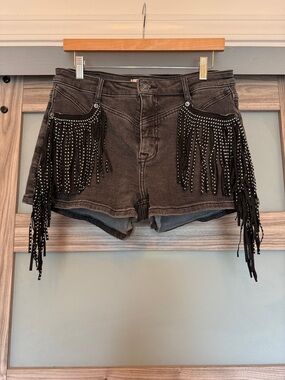 Fringed Studded Black Denim Shorts